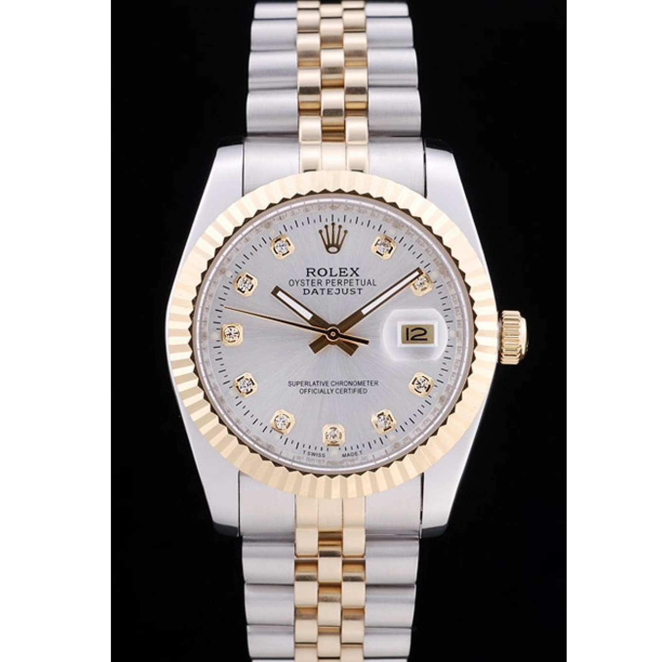 Aaa fake watches Ribbed Bezel Diamonds Datejust Silver 7454 Rolex Dial 0815